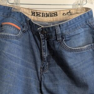 Hermes Vintage Men's Light Blue Relaxed Denim Jeans with Orange Accent